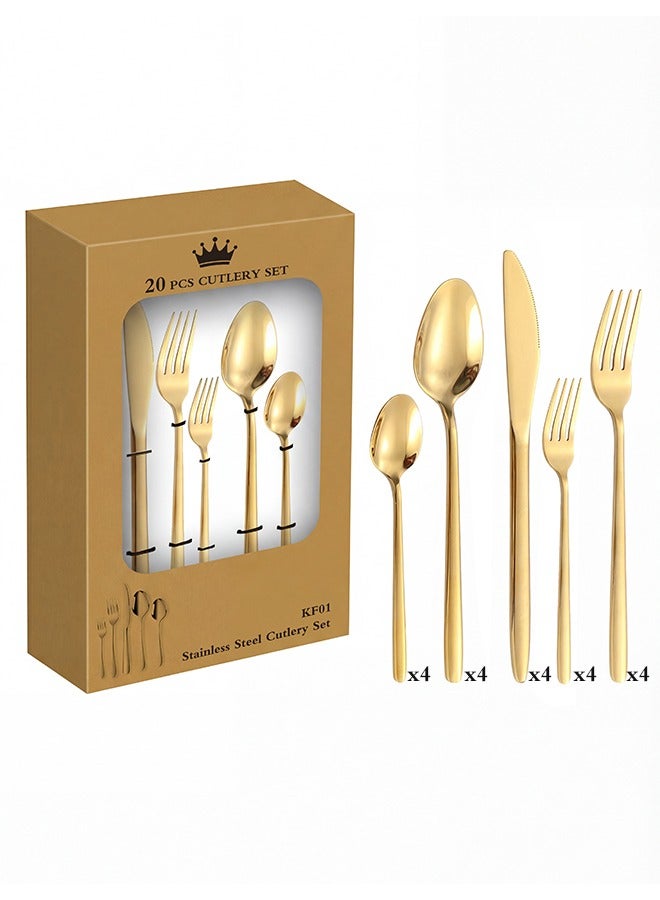 آي كي طقم أدوات مائدة من الستانلس ستيل باللون الذهبي – 20 قطعة | مناسب لـ 4 أشخاص | طلاء ذهبي بتقنية التفريغ | مع سكاكين وشوك وملاعق وعلبة هدايا - Image 1